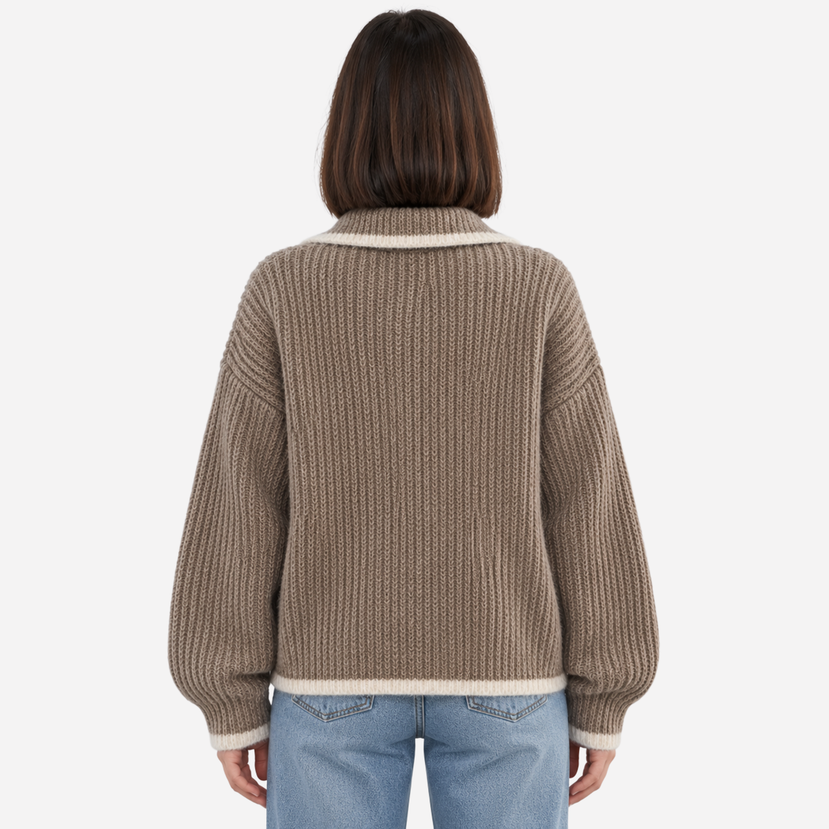 Women’s Contrast-Trim Zip-Up Cropped Cardigan Jumper-Fowsa