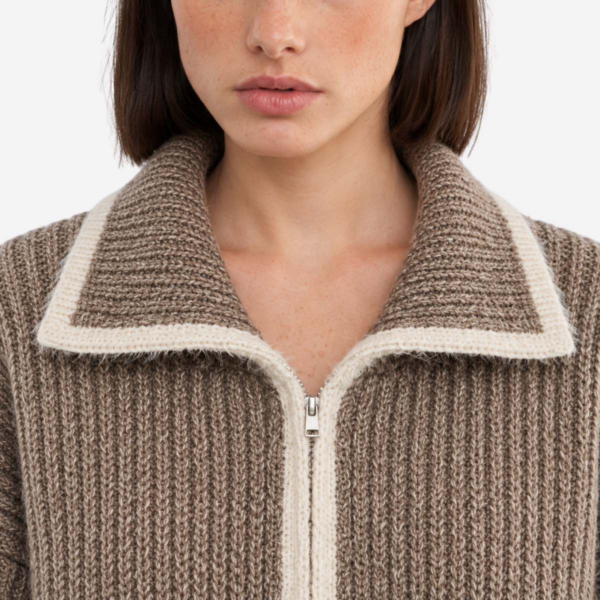 Women’s Contrast-Trim Zip-Up Cropped Cardigan Jumper-Fowsa