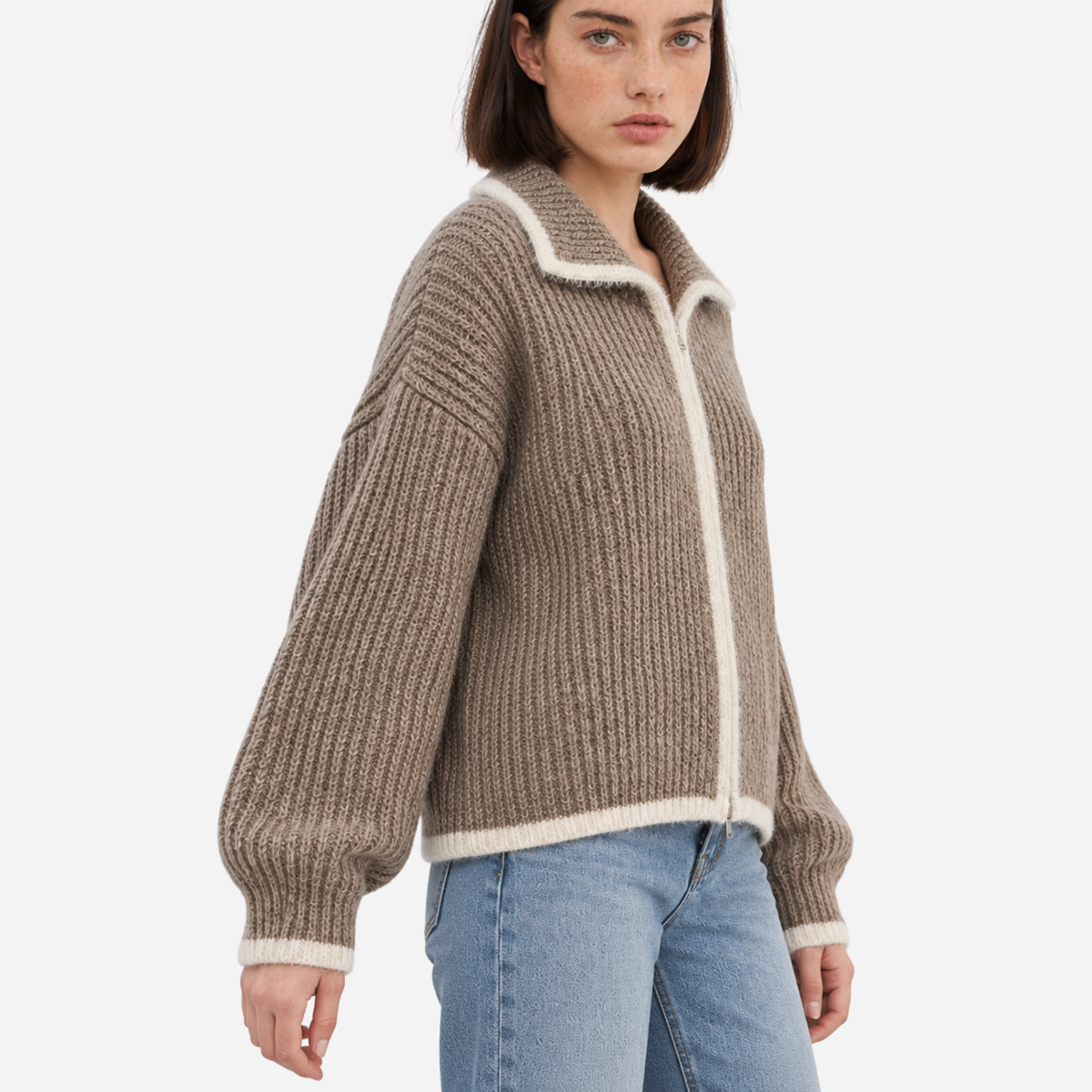 Women’s Contrast-Trim Zip-Up Cropped Cardigan Jumper-Fowsa
