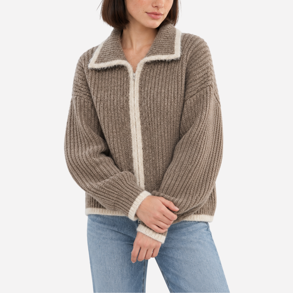 Women’s Contrast-Trim Zip-Up Cropped Cardigan Jumper-Fowsa
