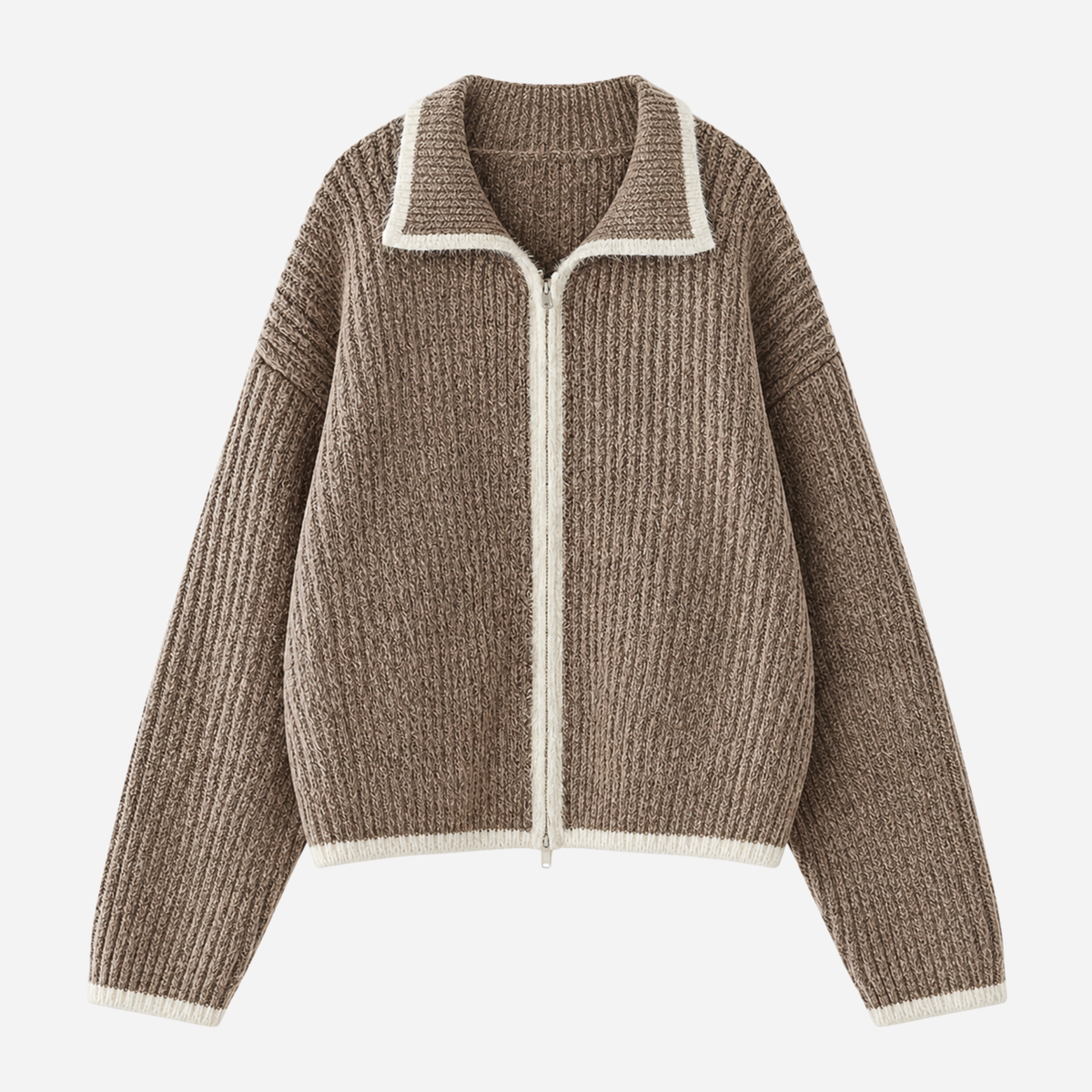 Women’s Contrast-Trim Zip-Up Cropped Cardigan Jumper-Fowsa