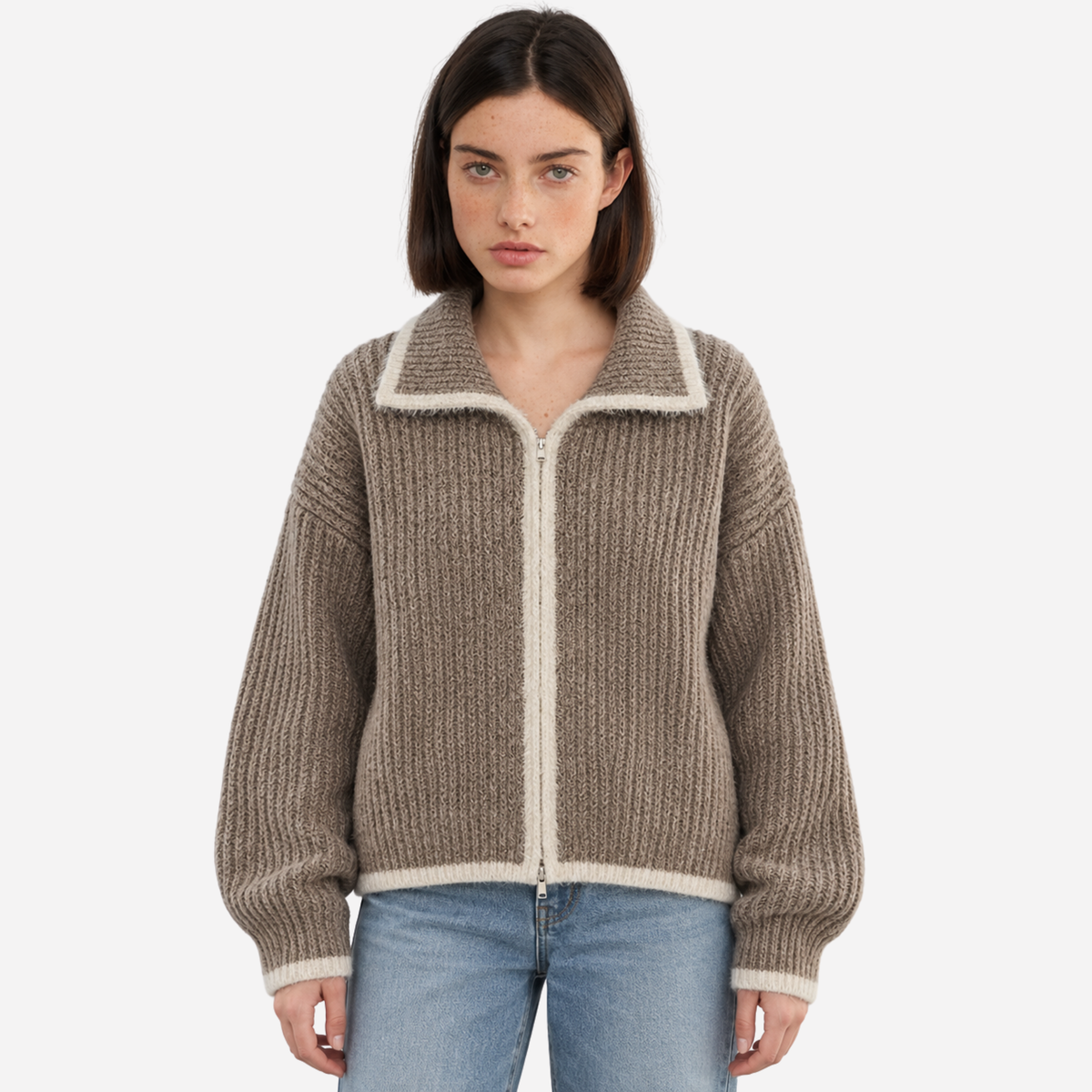 Women’s Contrast-Trim Zip-Up Cropped Cardigan Jumper-Fowsa