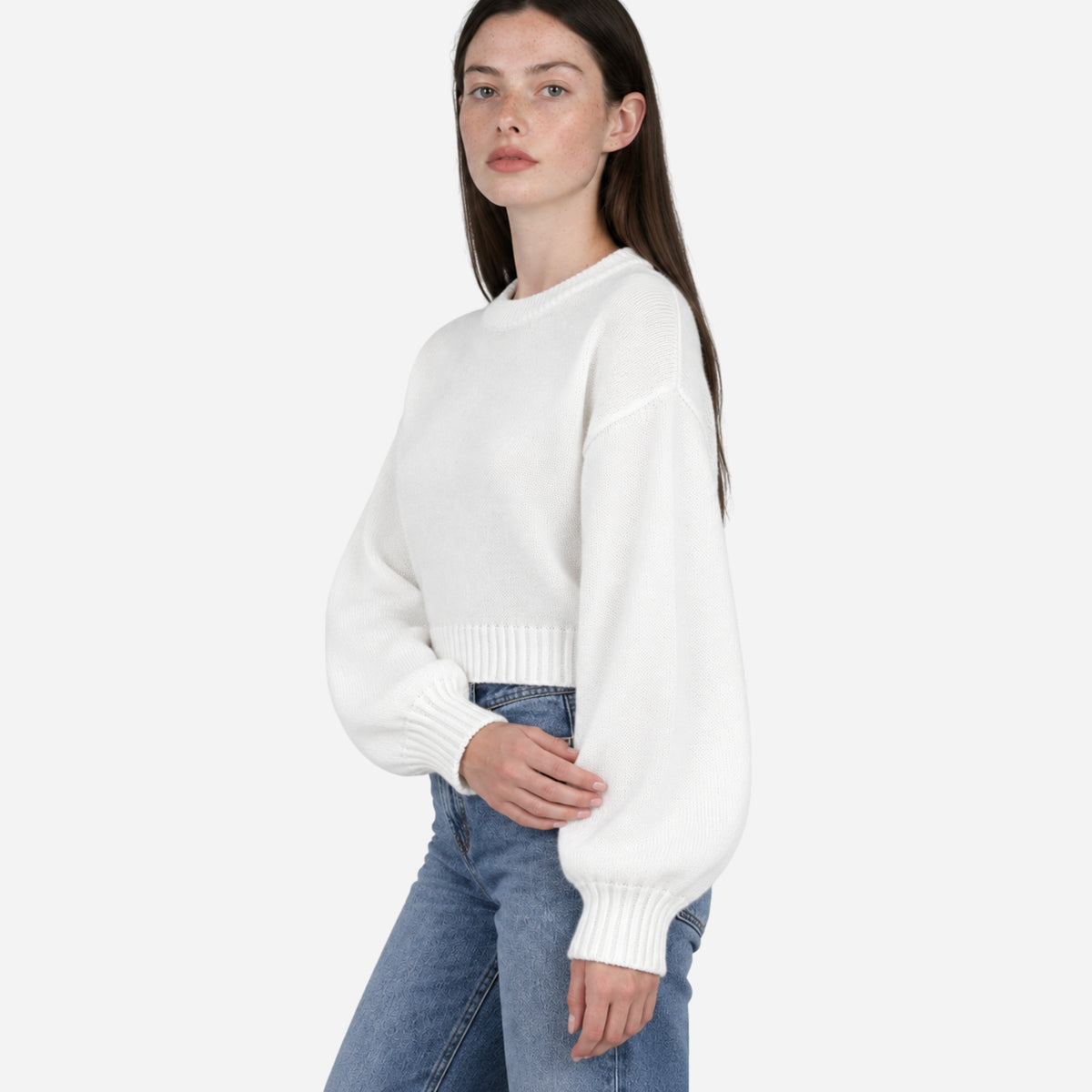 Women’s Cropped Balloon-Sleeve Knitted Jumper-Fowsa