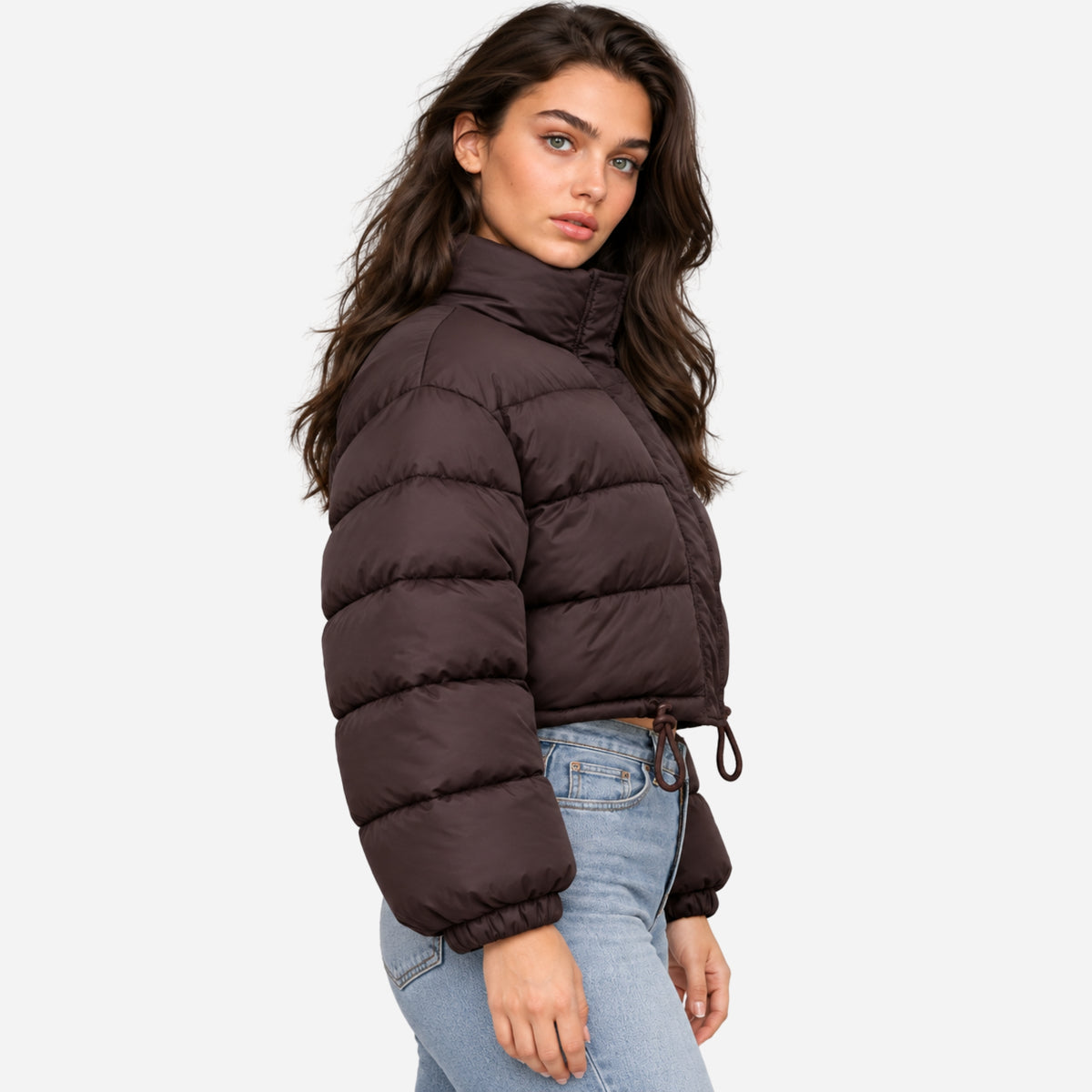 Women’s Cropped Drawstring Hem Puffer Jacket-Fowsa