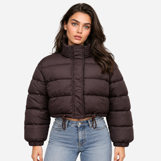 Women’s Cropped Drawstring Hem Puffer Jacket-Fowsa