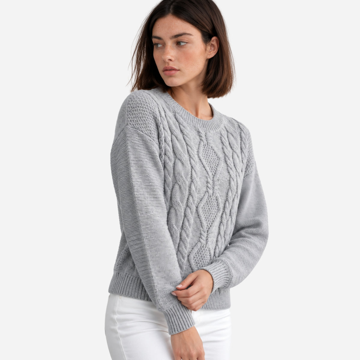 Women’s Diamond Cable-Knit Crew-Neck Jumper-Fowsa