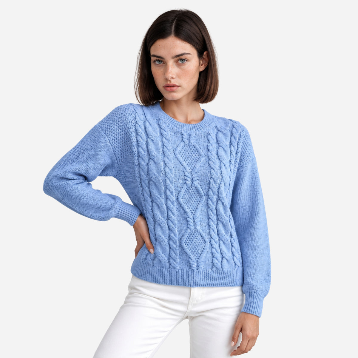 Women’s Diamond Cable-Knit Crew-Neck Jumper-Fowsa