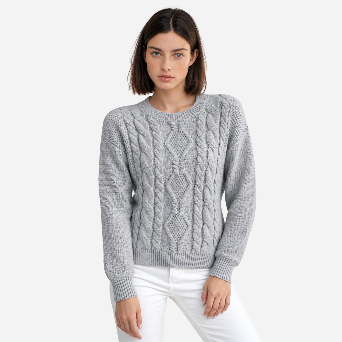 Women’s Diamond Cable-Knit Crew-Neck Jumper-Fowsa