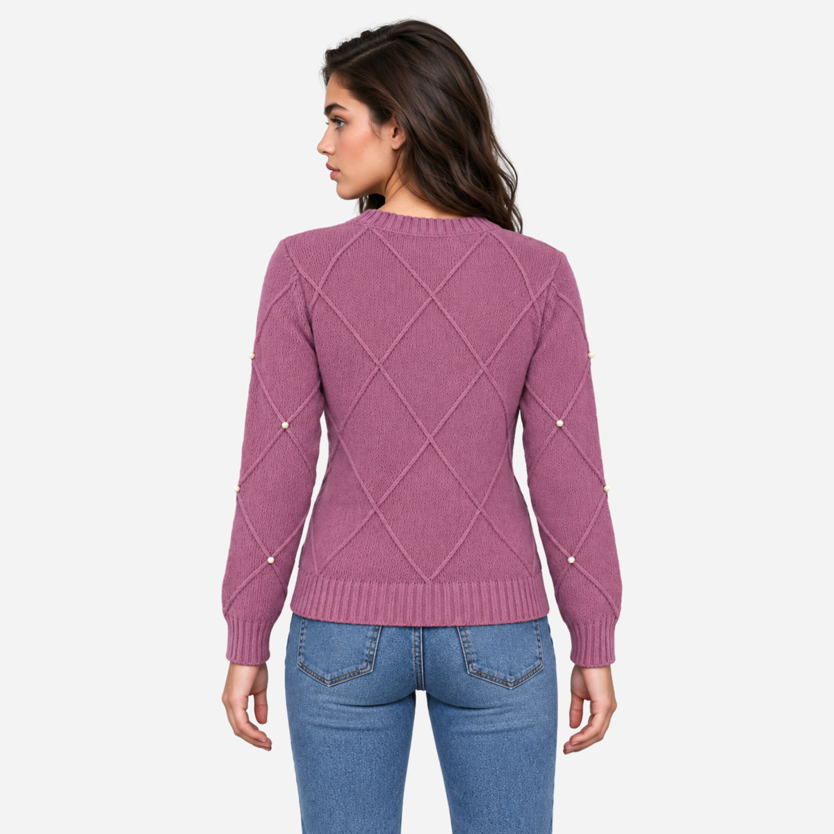Women’s Diamond-Knit Embellished Crew Neck Jumper-Fowsa