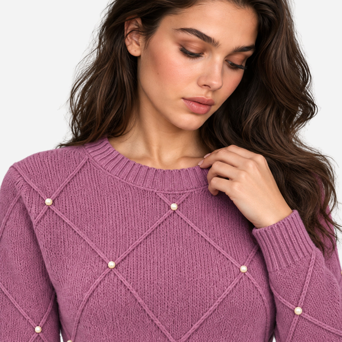 Women’s Diamond-Knit Embellished Crew Neck Jumper-Fowsa