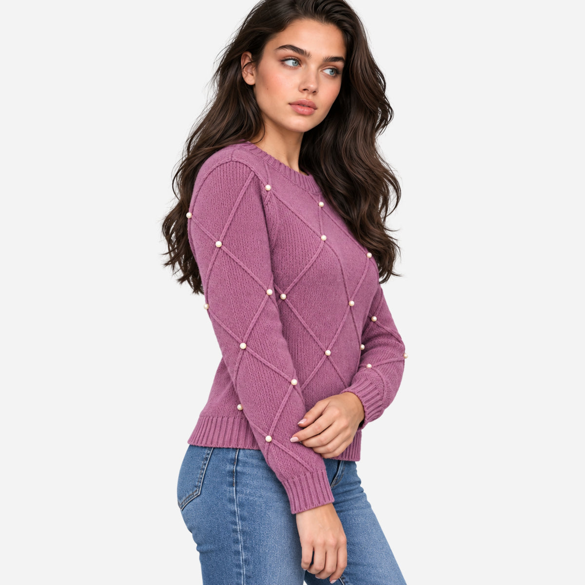 Women’s Diamond-Knit Embellished Crew Neck Jumper-Fowsa
