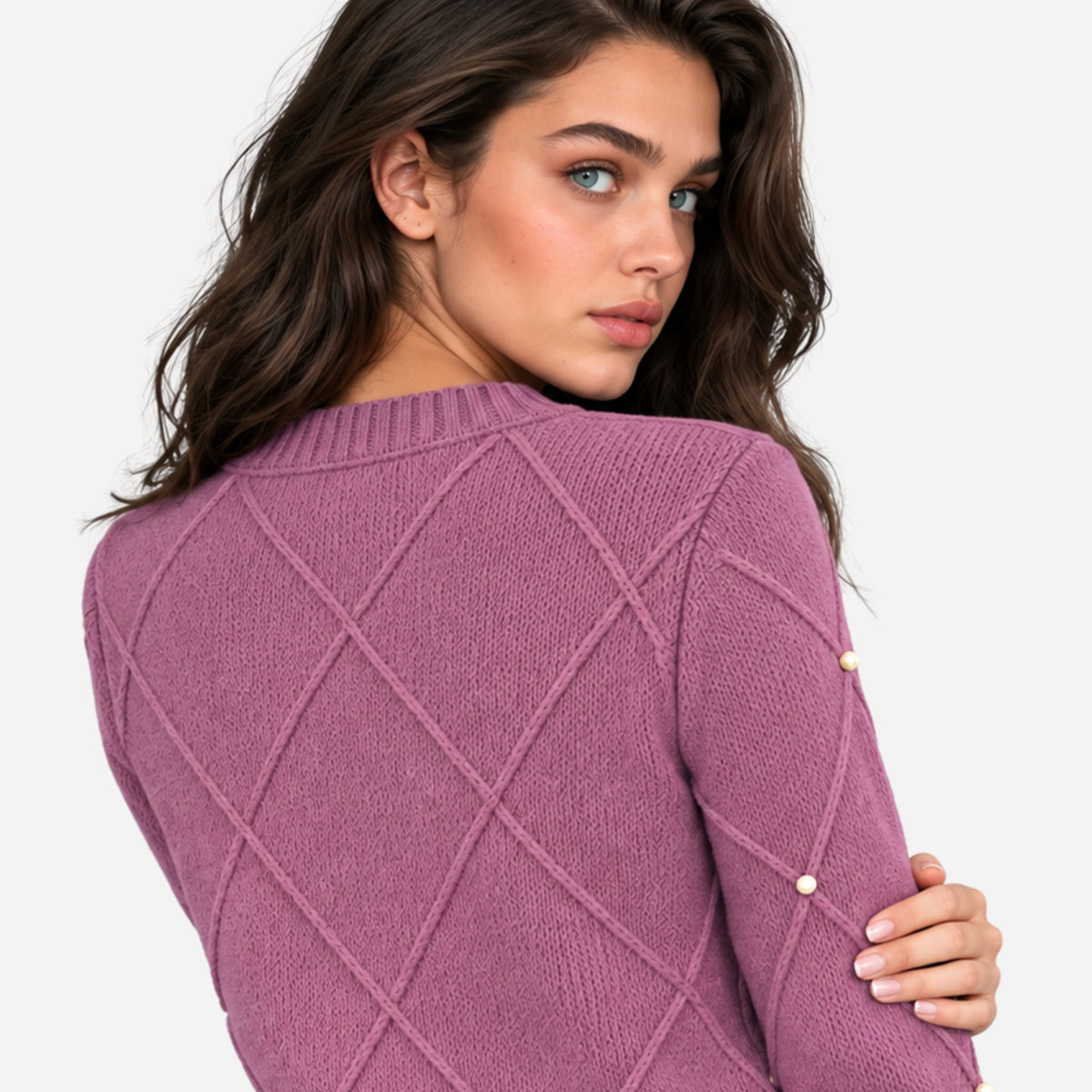 Women’s Diamond-Knit Embellished Crew Neck Jumper-Fowsa