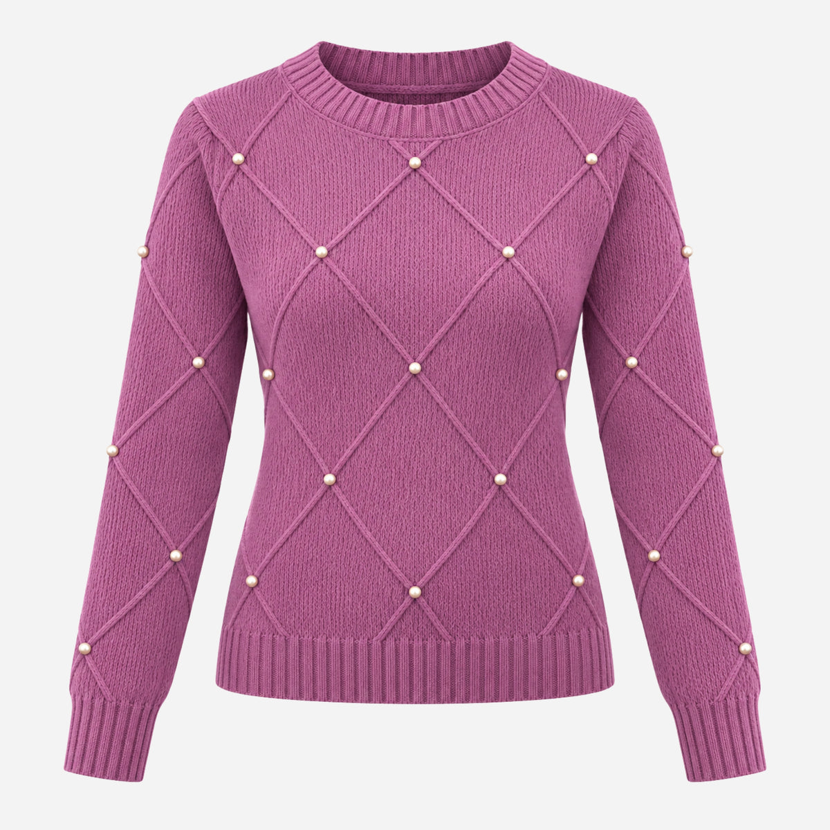 Women’s Diamond-Knit Embellished Crew Neck Jumper-Fowsa