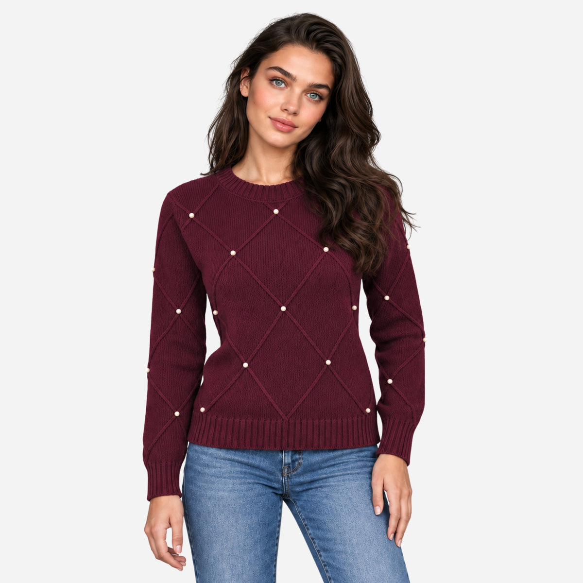 Women’s Diamond-Knit Embellished Crew Neck Jumper-Fowsa