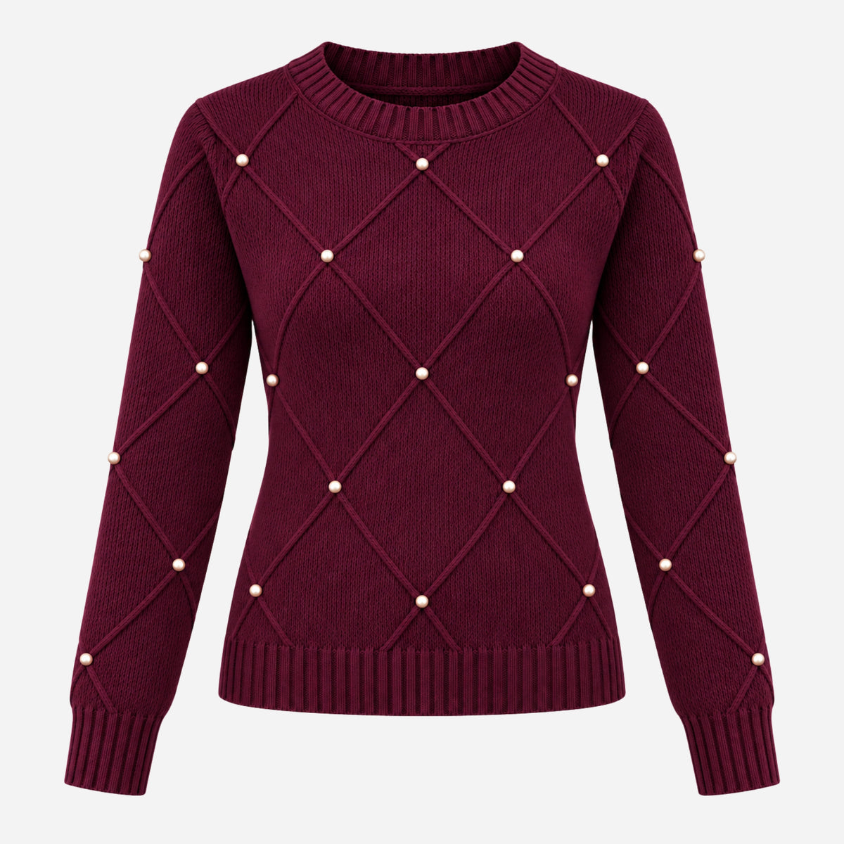 Women’s Diamond-Knit Embellished Crew Neck Jumper-Fowsa