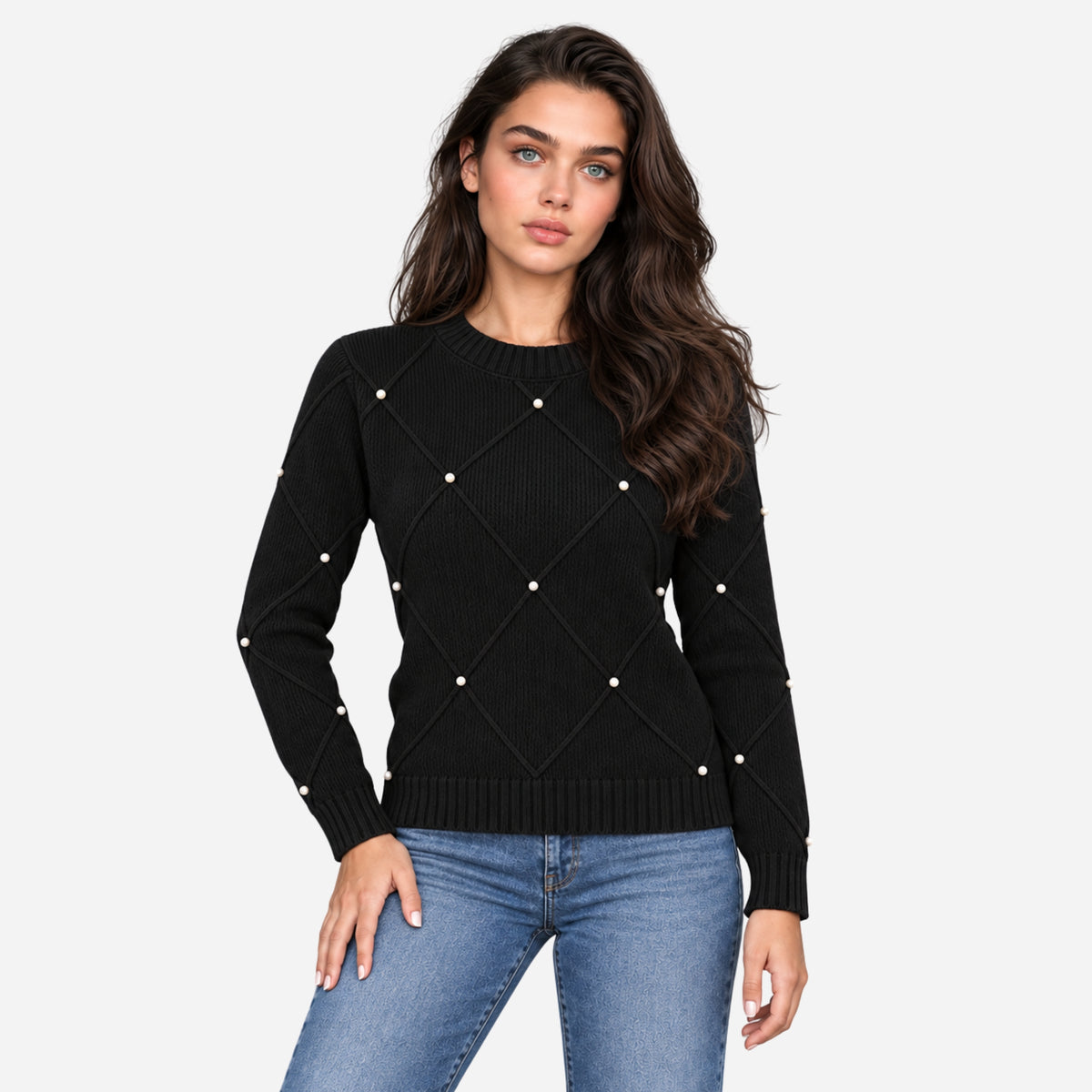 Women’s Diamond-Knit Embellished Crew Neck Jumper-Fowsa