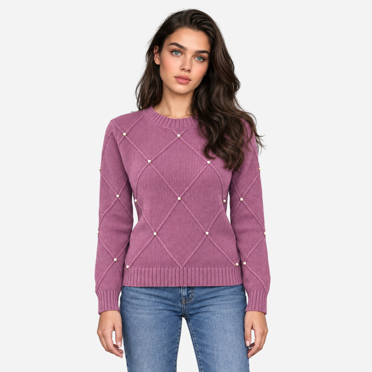 Women’s Diamond-Knit Embellished Crew Neck Jumper-Fowsa