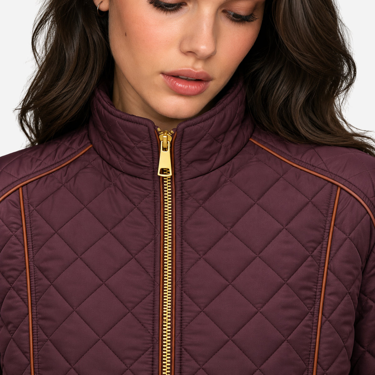 Women’s Diamond-Quilted Contrast-Piping Padded Jacket-Fowsa