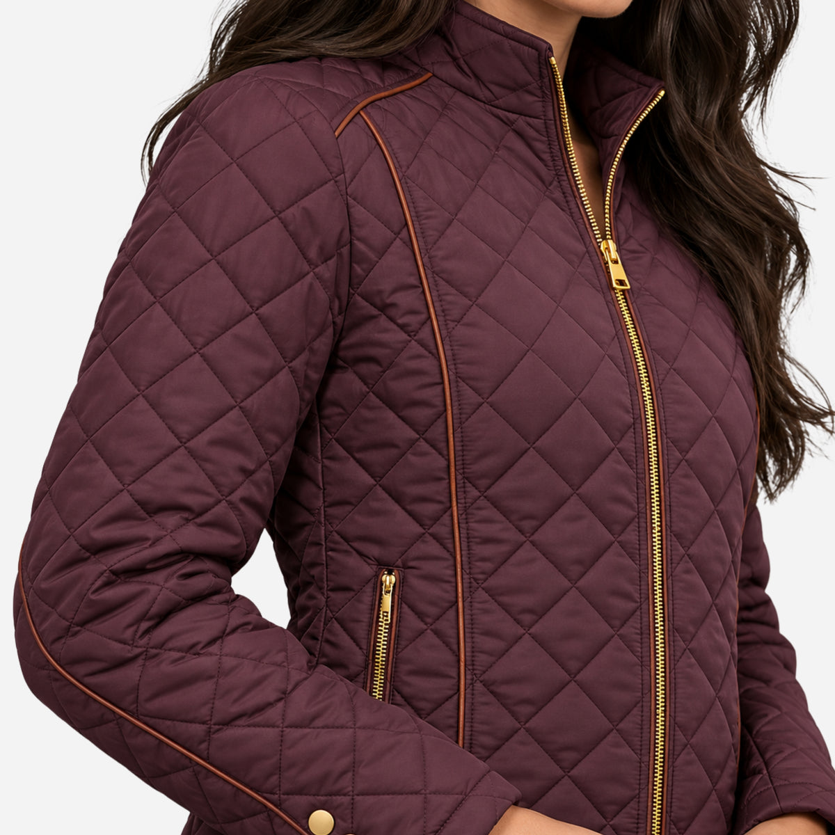 Women’s Diamond-Quilted Contrast-Piping Padded Jacket-Fowsa