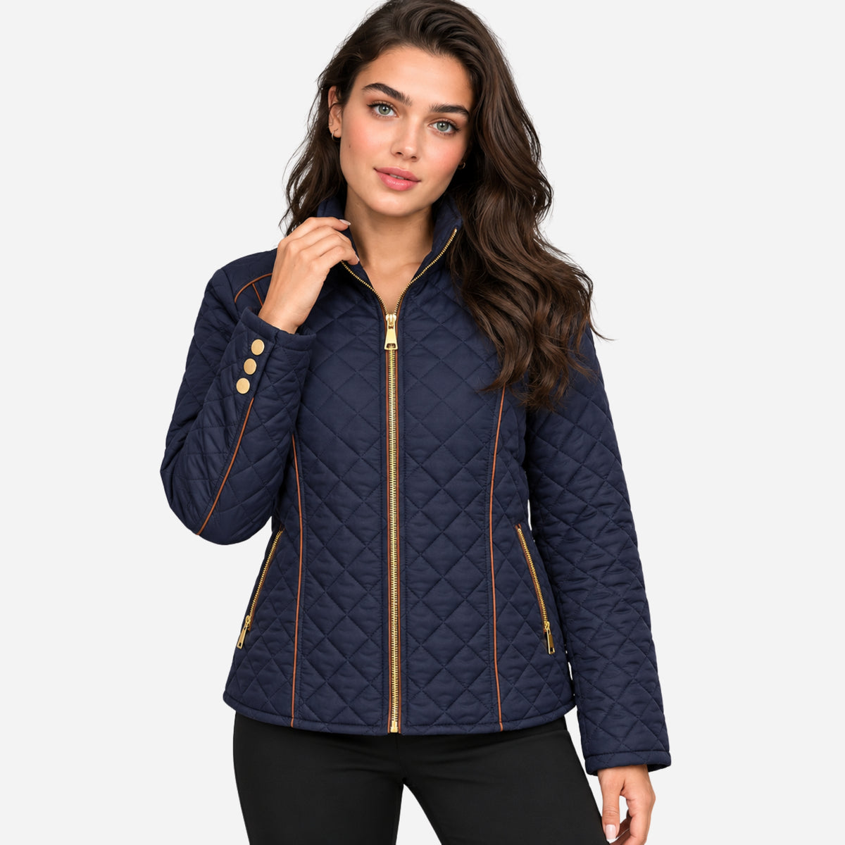 Women’s Diamond-Quilted Contrast-Piping Padded Jacket-Fowsa