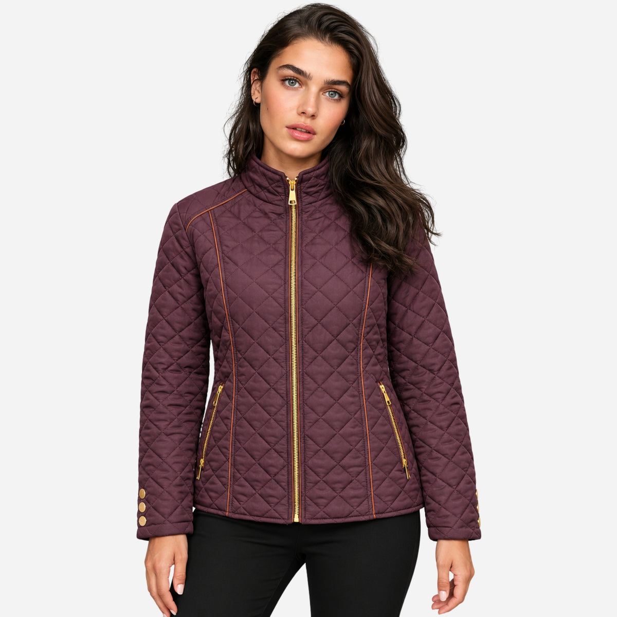 Women’s Diamond-Quilted Contrast-Piping Padded Jacket-Fowsa