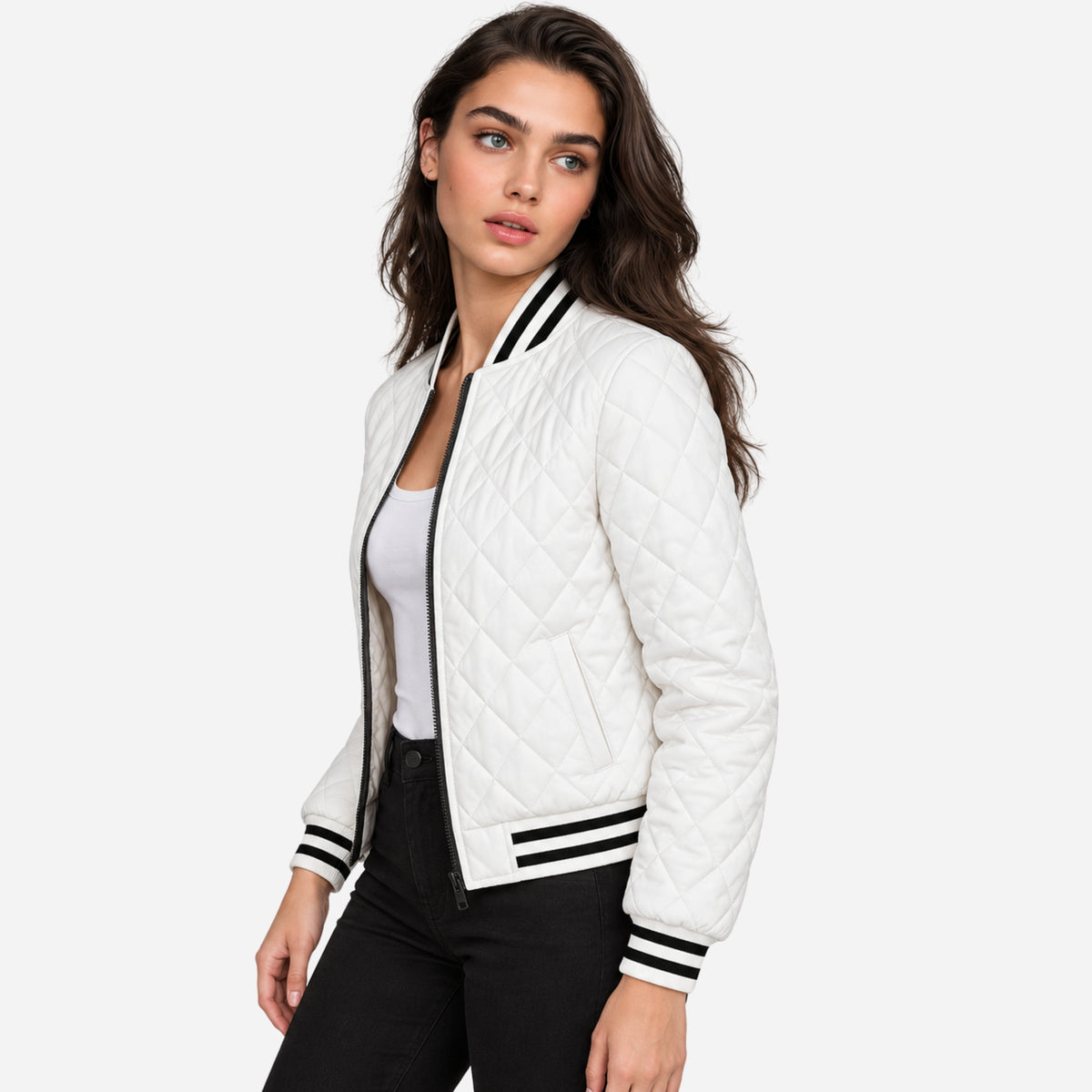 Women’s Diamond-Quilted Varsity Bomber Jacket-Fowsa