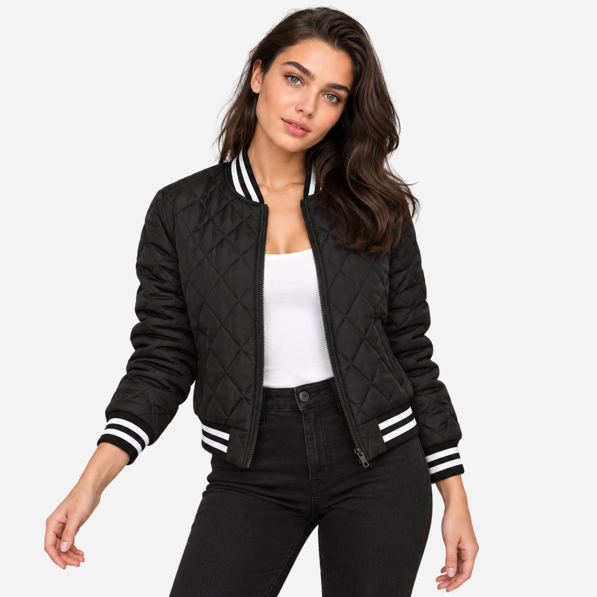 Women’s Diamond-Quilted Varsity Bomber Jacket-Fowsa