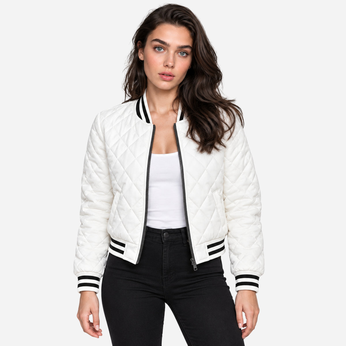 Women’s Diamond-Quilted Varsity Bomber Jacket-Fowsa