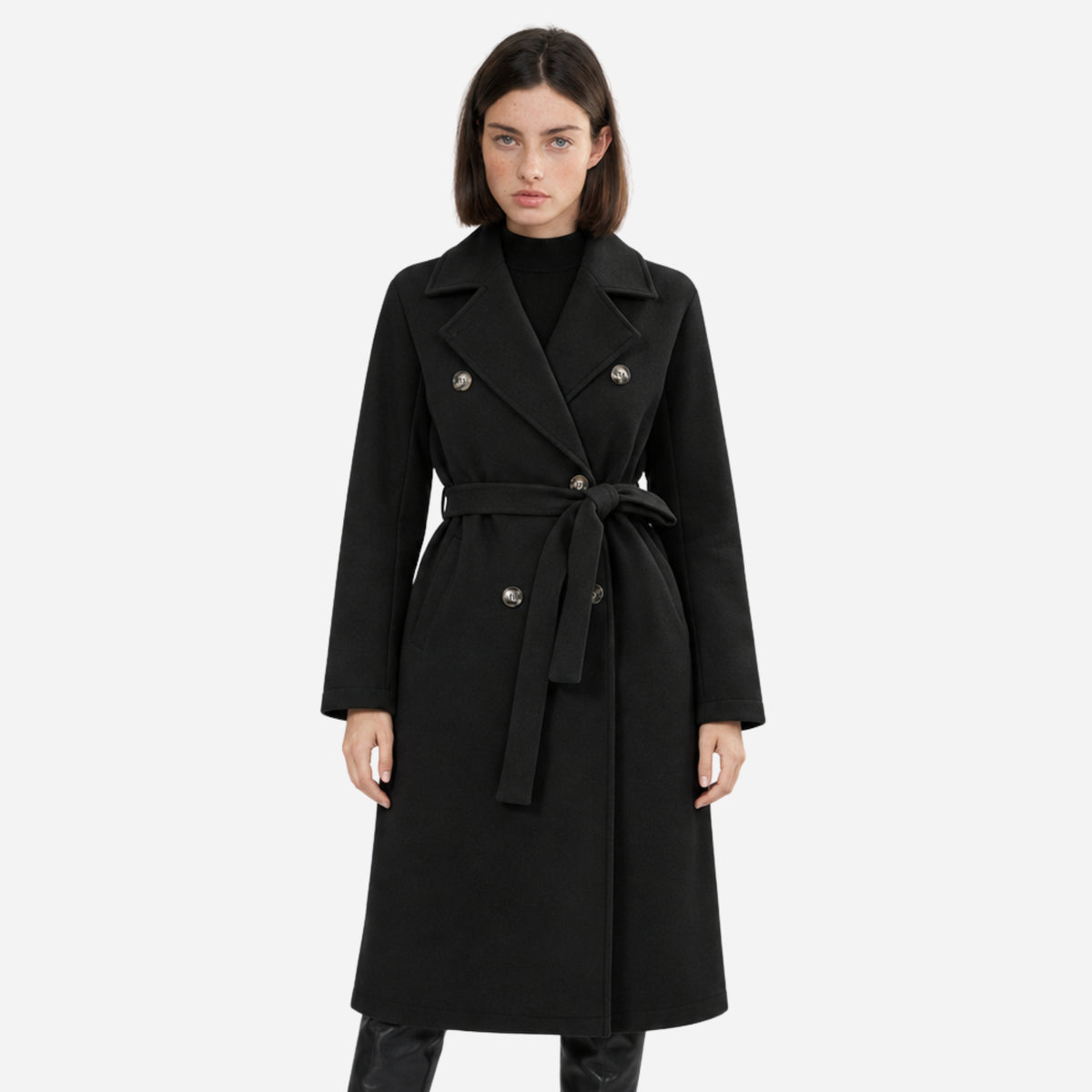 Women's Double-Breasted Belted Long Coat-Fowsa