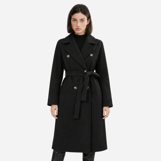 Women's Double-Breasted Belted Long Coat-Fowsa