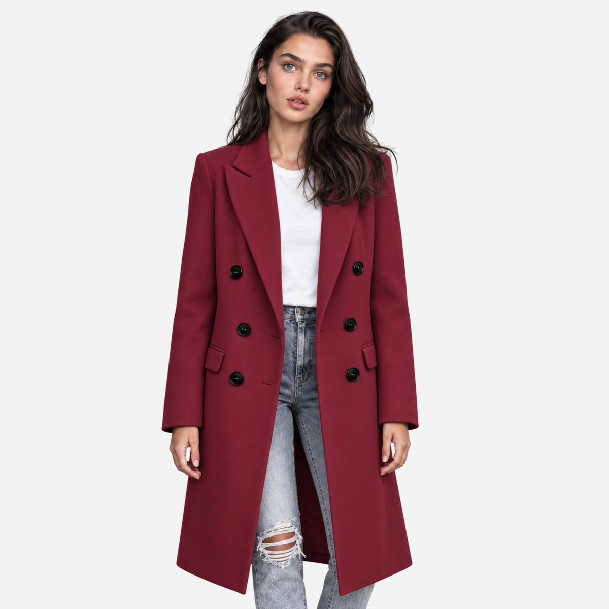 Women's Double-Breasted Tailored Long Coat-Fowsa