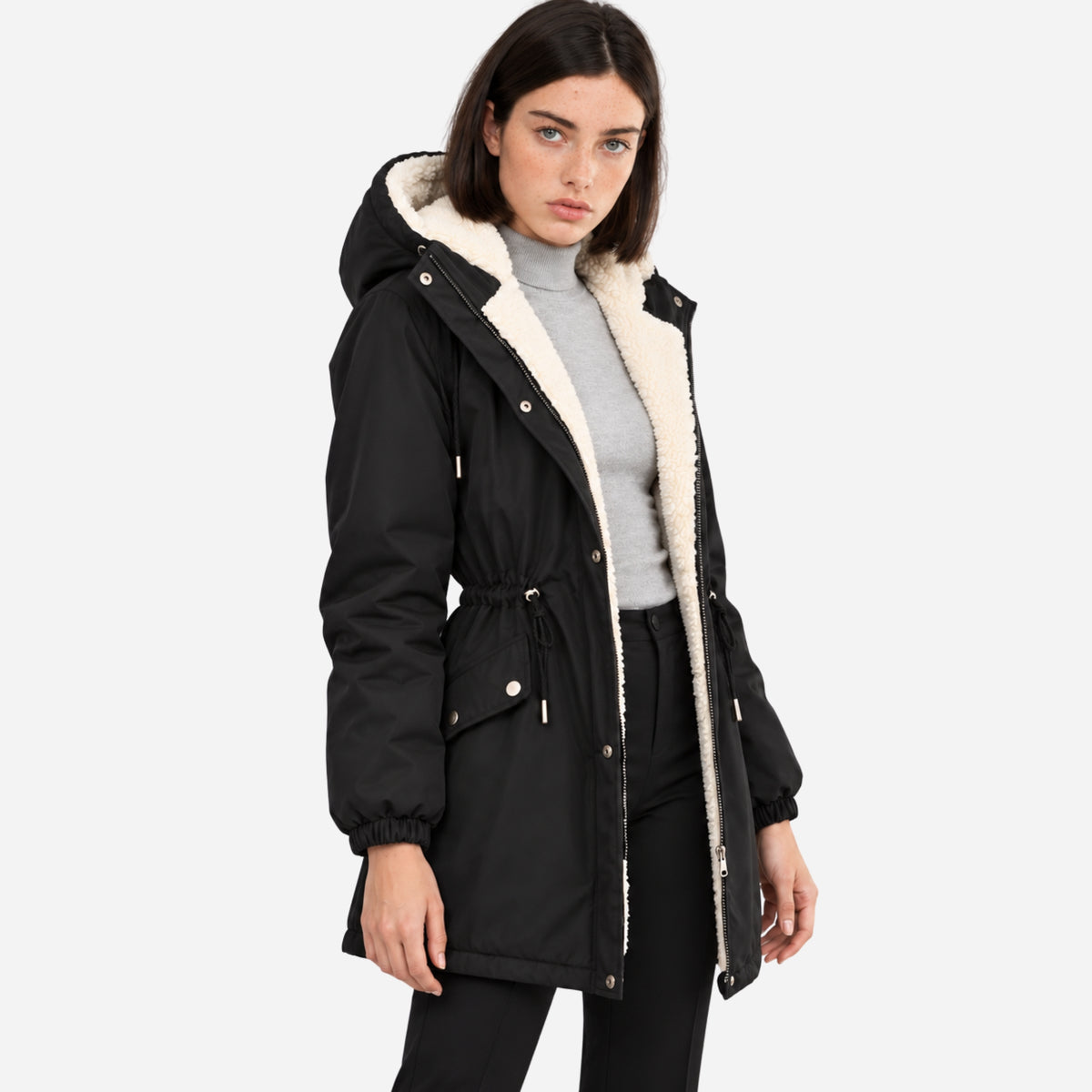 Women’s Fleece-Lined Drawstring-Waist Hooded Jacket-Fowsa