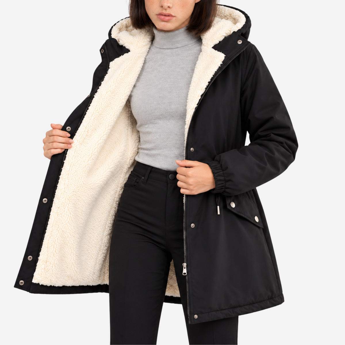 Women’s Fleece-Lined Drawstring-Waist Hooded Jacket-Fowsa