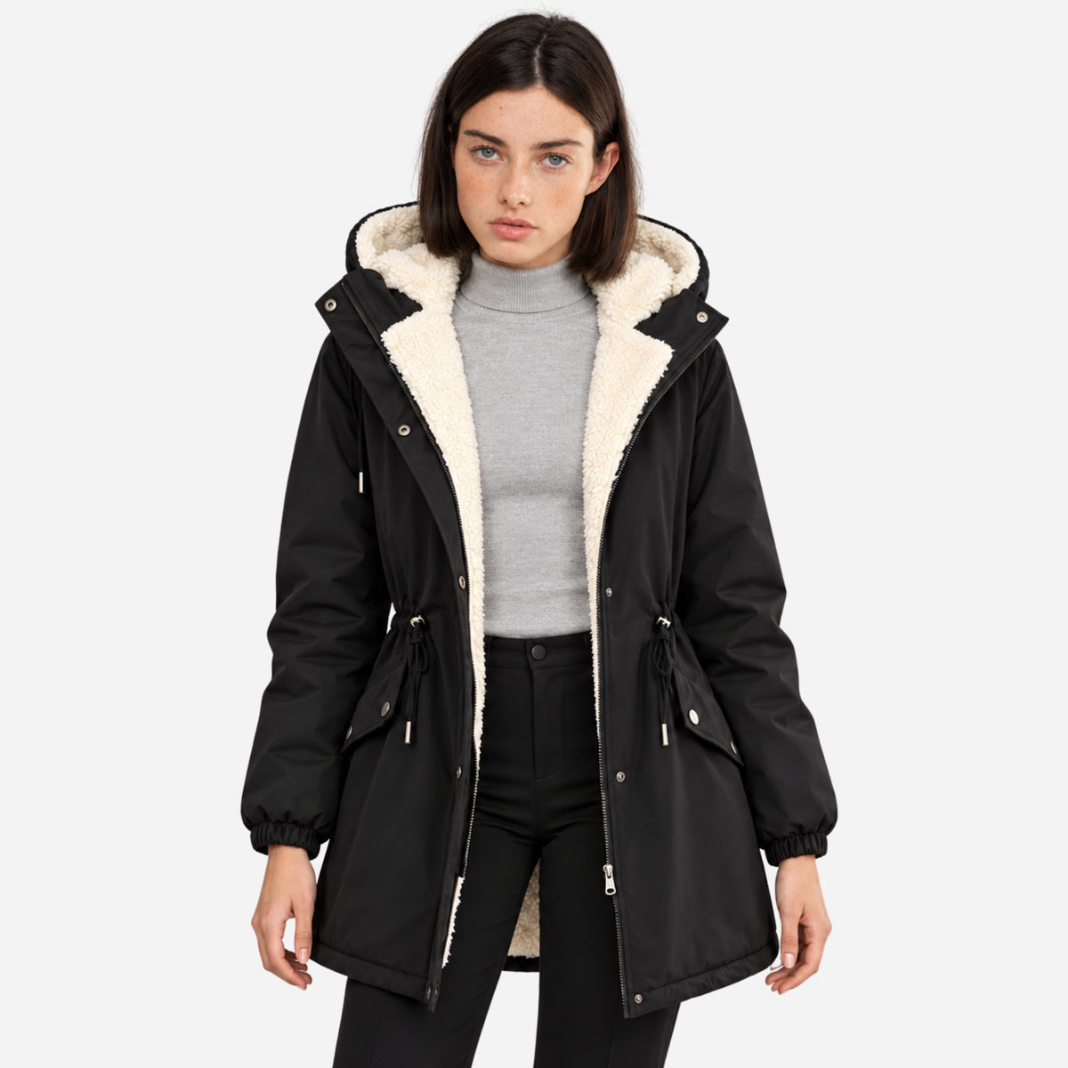 Women’s Fleece-Lined Drawstring-Waist Hooded Jacket-Fowsa