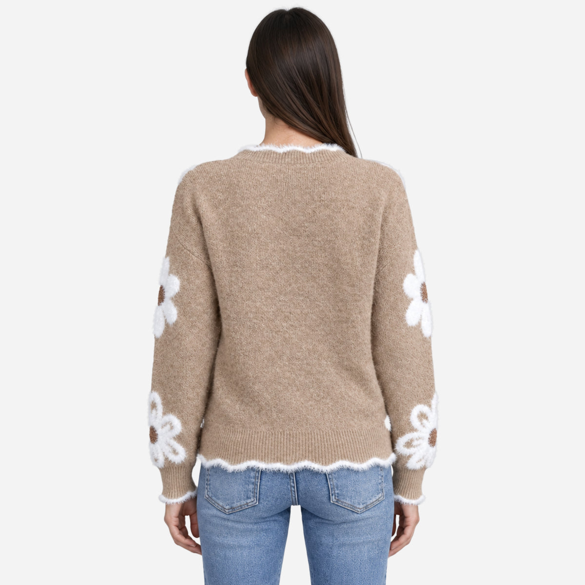 Women’s Floral Fuzzy V-Neck Knitted Jumper-Fowsa