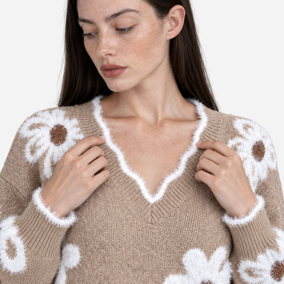 Women’s Floral Fuzzy V-Neck Knitted Jumper-Fowsa