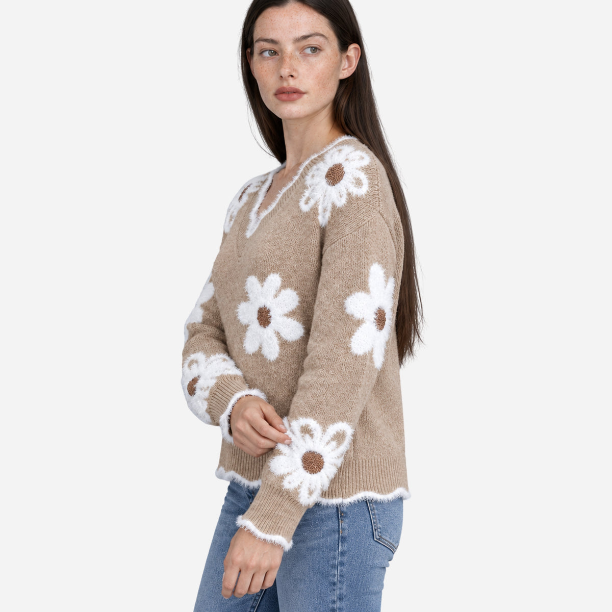 Women’s Floral Fuzzy V-Neck Knitted Jumper-Fowsa