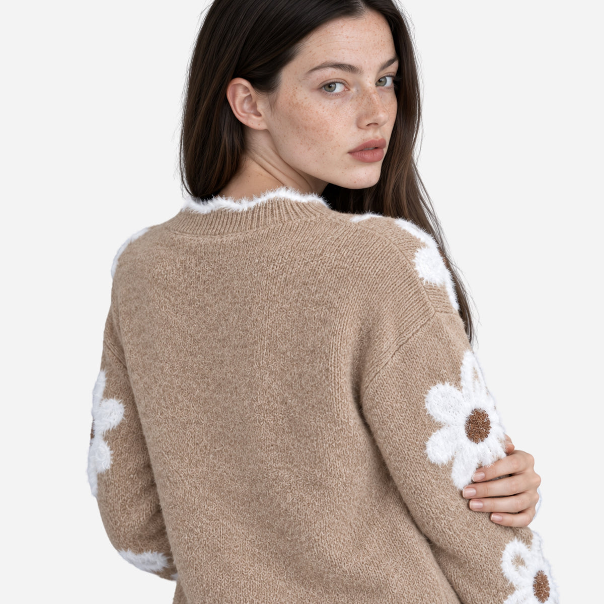 Women’s Floral Fuzzy V-Neck Knitted Jumper-Fowsa