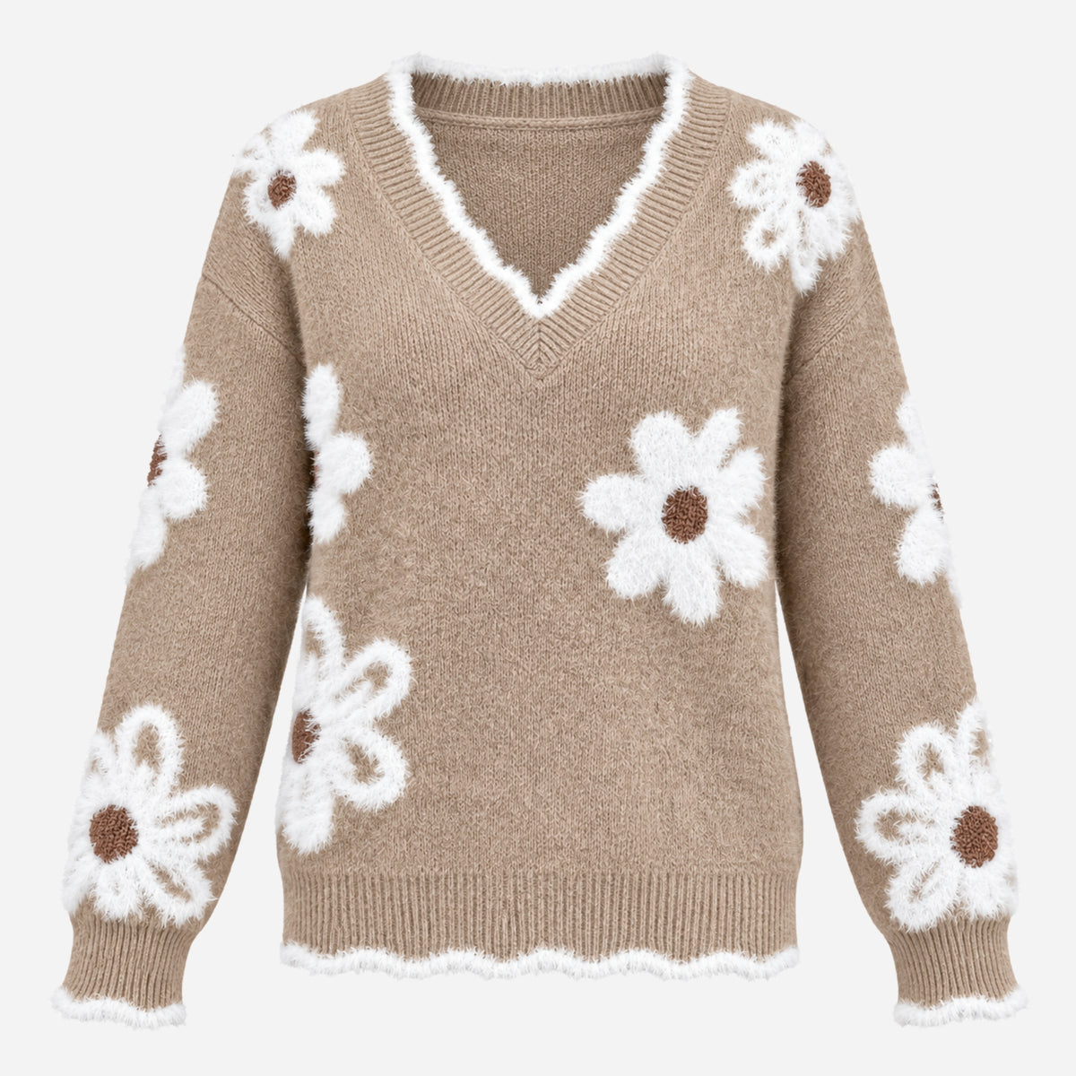 Women’s Floral Fuzzy V-Neck Knitted Jumper-Fowsa