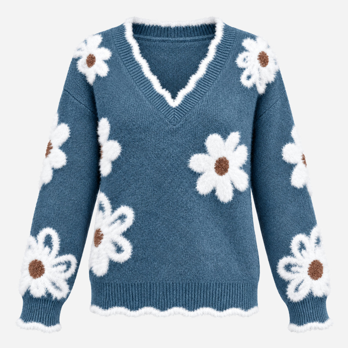 Women’s Floral Fuzzy V-Neck Knitted Jumper-Fowsa