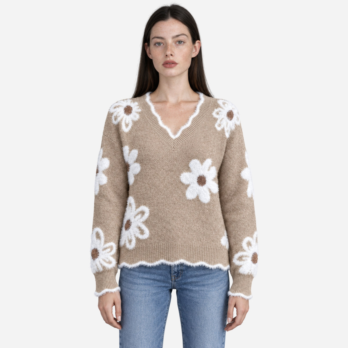 Women’s Floral Fuzzy V-Neck Knitted Jumper-Fowsa