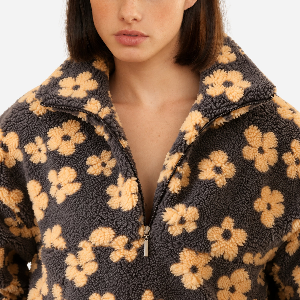 Women’s Floral Half-Zip Fleece Pullover Jacket-Fowsa