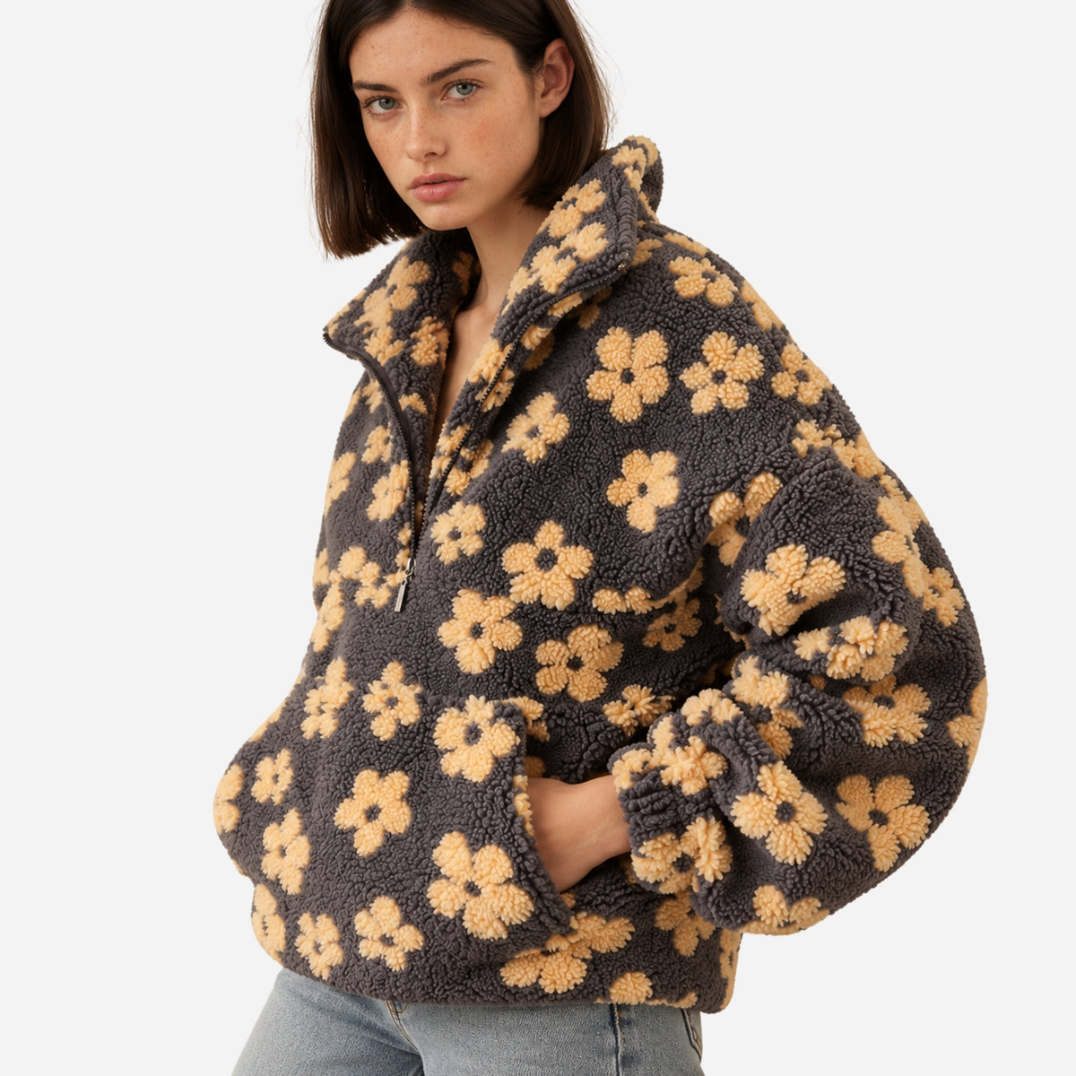 Women’s Floral Half-Zip Fleece Pullover Jacket-Fowsa