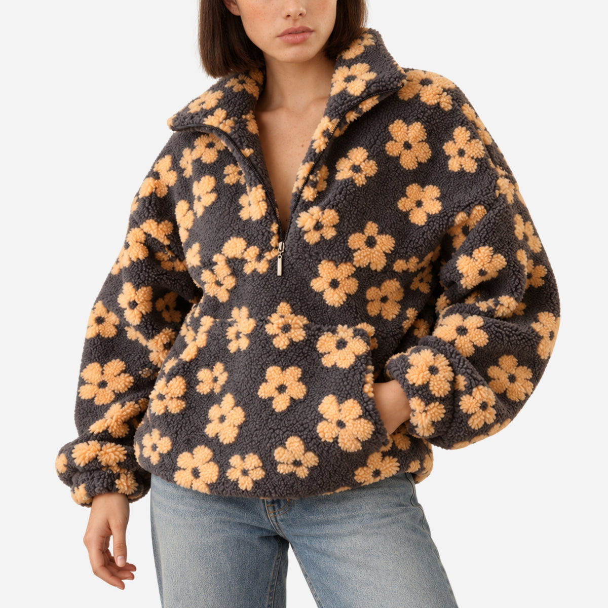 Women’s Floral Half-Zip Fleece Pullover Jacket-Fowsa