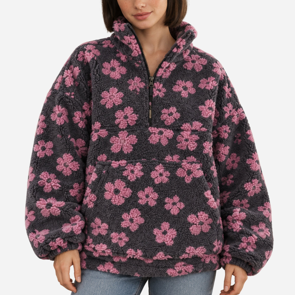 Women’s Floral Half-Zip Fleece Pullover Jacket-Fowsa