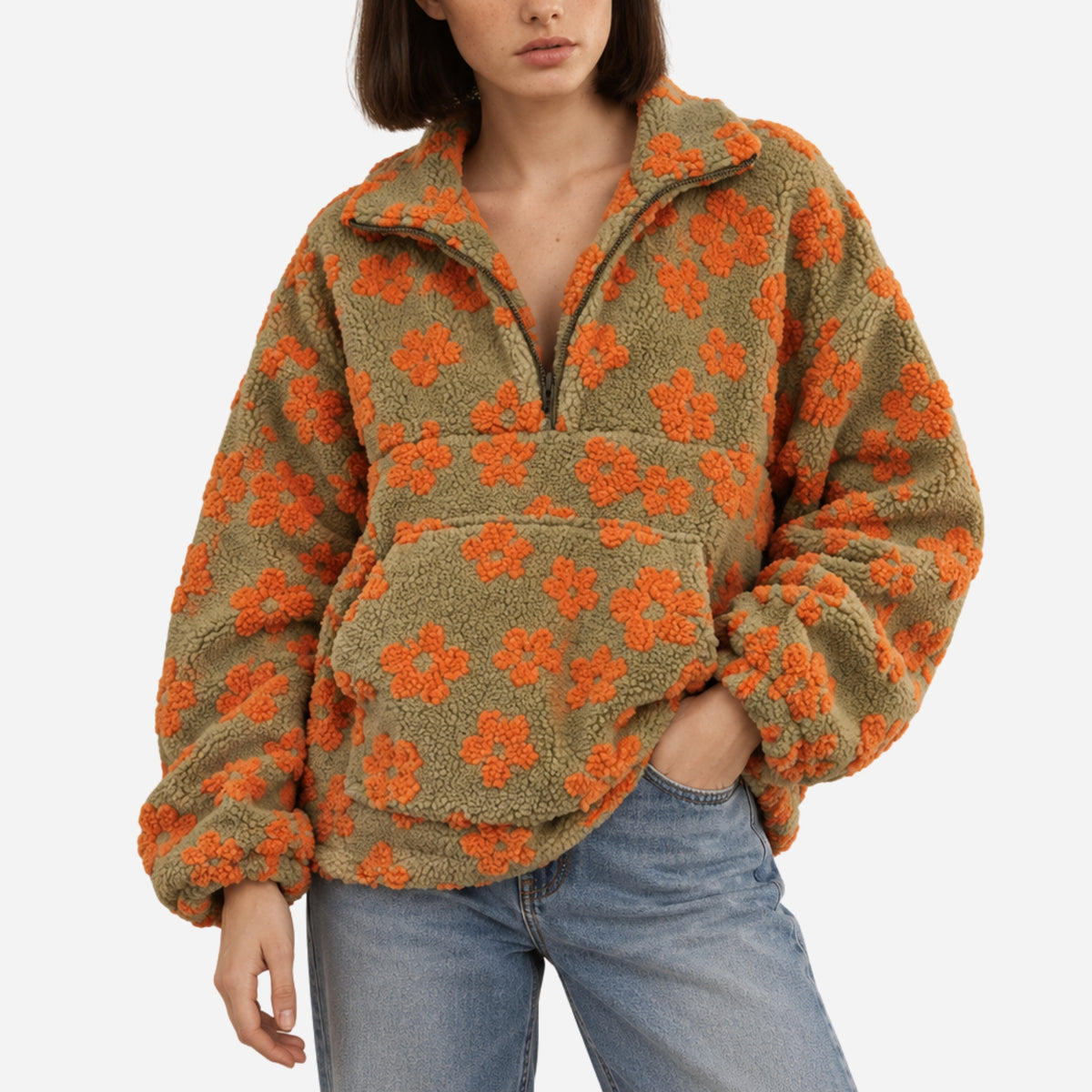 Women’s Floral Half-Zip Fleece Pullover Jacket-Fowsa