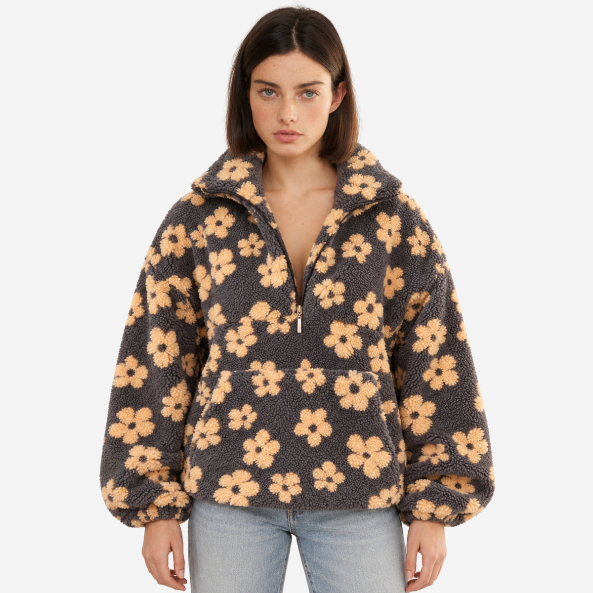 Women’s Floral Half-Zip Fleece Pullover Jacket-Fowsa
