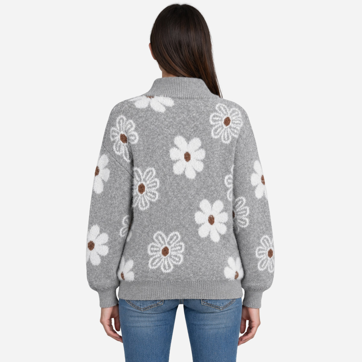 Women’s Floral Half-Zip Ribbed Collar Jumper-Fowsa