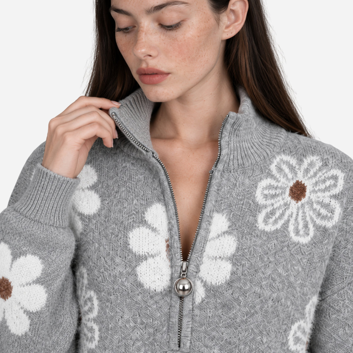 Women’s Floral Half-Zip Ribbed Collar Jumper-Fowsa