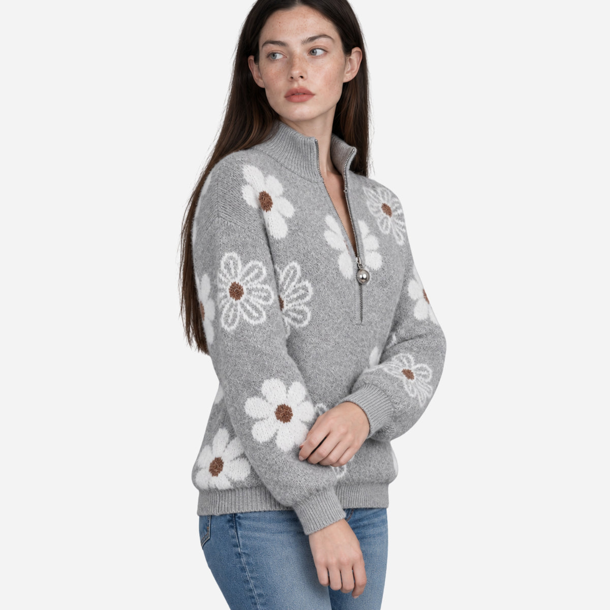 Women’s Floral Half-Zip Ribbed Collar Jumper-Fowsa